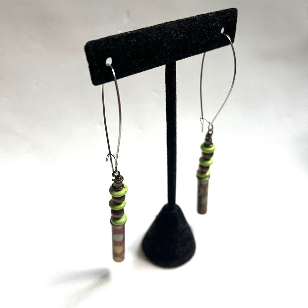 Chic Dangle Earrings: Lime Green Stone/copper/hand-painted brass beads New